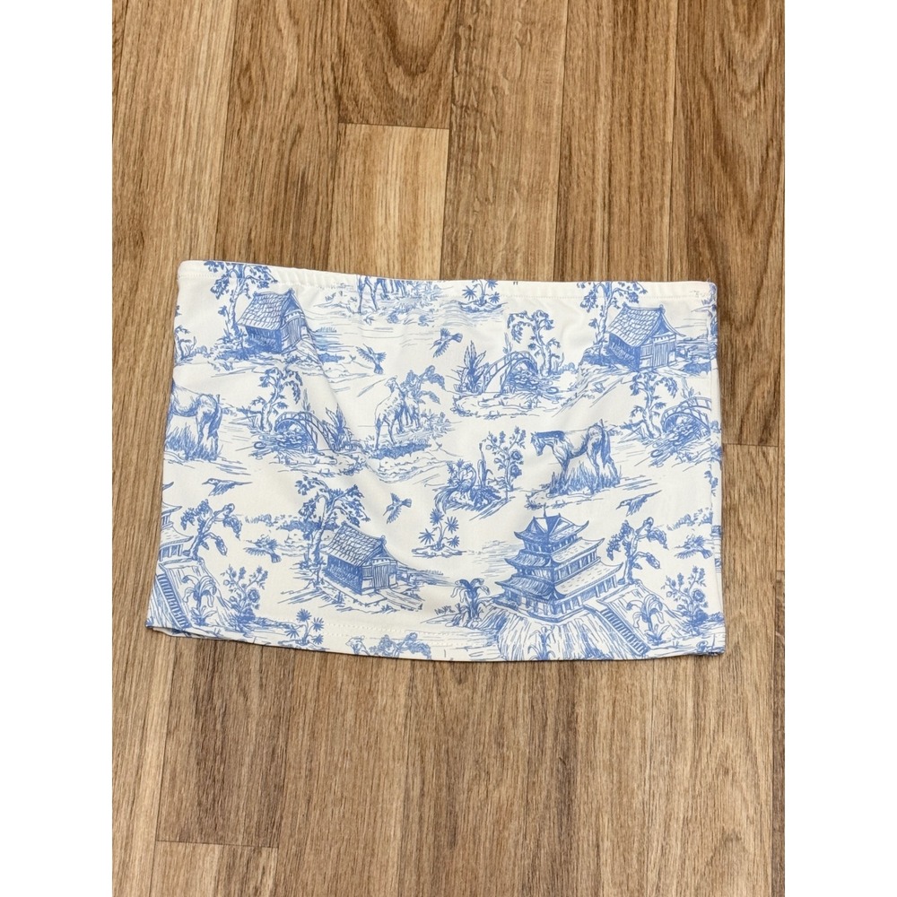 Edikted Blue White Toile De Jouy Print Tube Top Strapless Crop Top Small